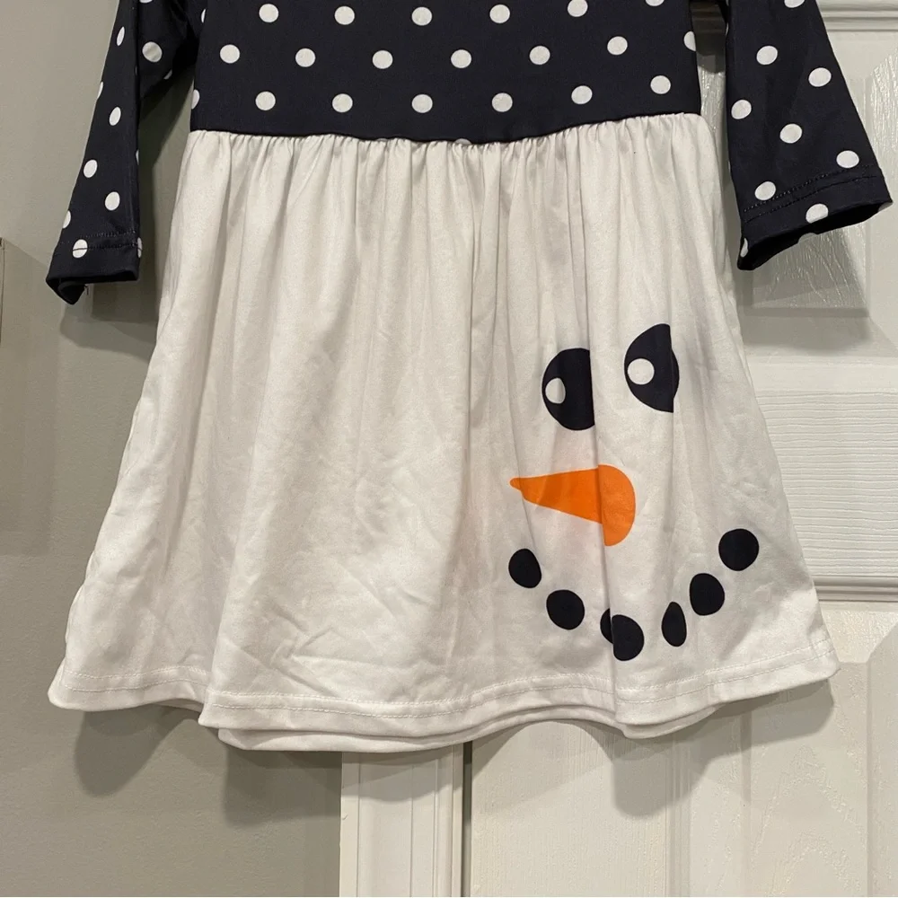 Toddler Girl 1- 2 Year Snowman Dress Ruffle Long Sleeve Polka Dot Black White